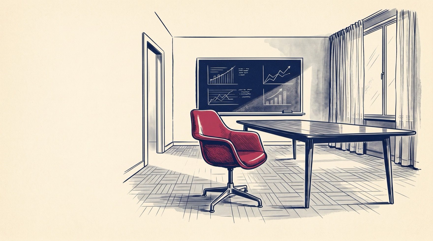 A man in a suit stands hat in hand at an open boardroom door, addressing a seated team. One empty chair at the table is red, waiting for him.